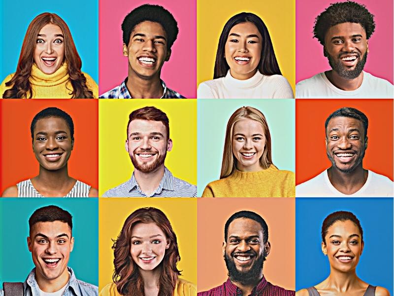 Set Of Multicultural People Headshots With Cheerful Young And Mature Multiethnic Females And Males Over Bright Colorful Studio Backgrounds. Concept of immigration equality