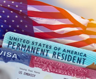 VISA United States of America. Green Card US Permanent resident card and a USA flag. Changing Employers After Green Card Sponsorship