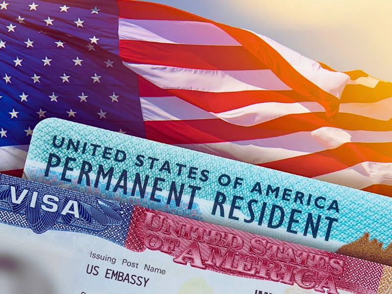 VISA United States of America. Green Card US Permanent resident card and a USA flag. Changing Employers After Green Card Sponsorship