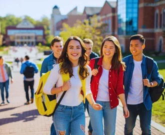 Group of happy college students inside campus area. rights of international students