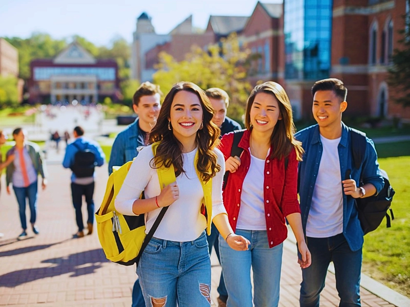 Group of happy college students inside campus area. rights of international students