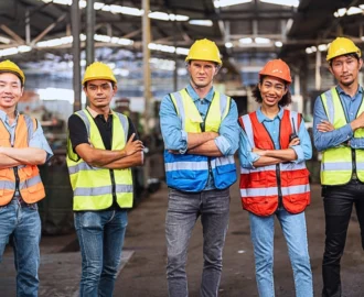 Group worker factory men and women standing with confidence and success. New Work Permit Rules