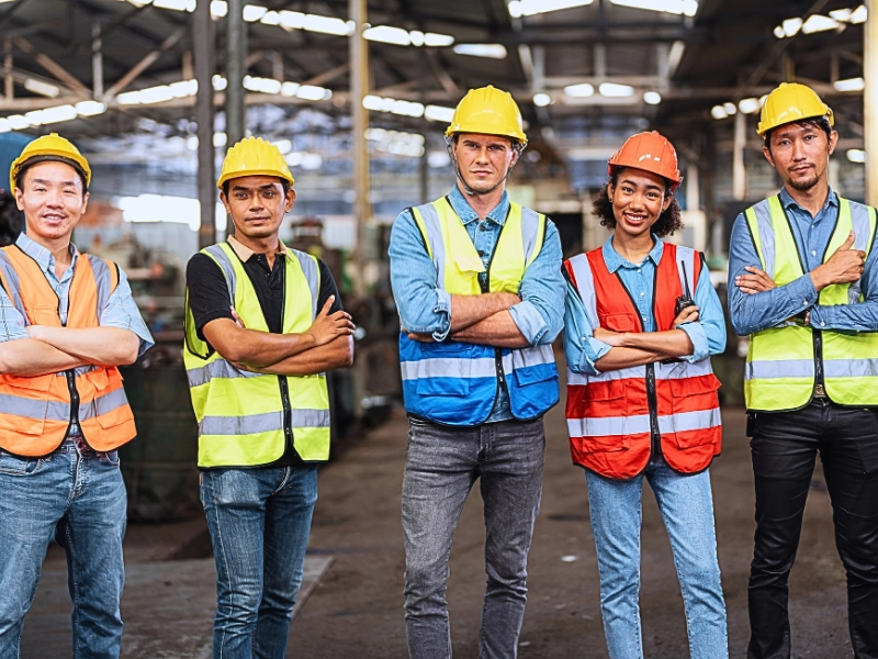 Group worker factory men and women standing with confidence and success. New Work Permit Rules