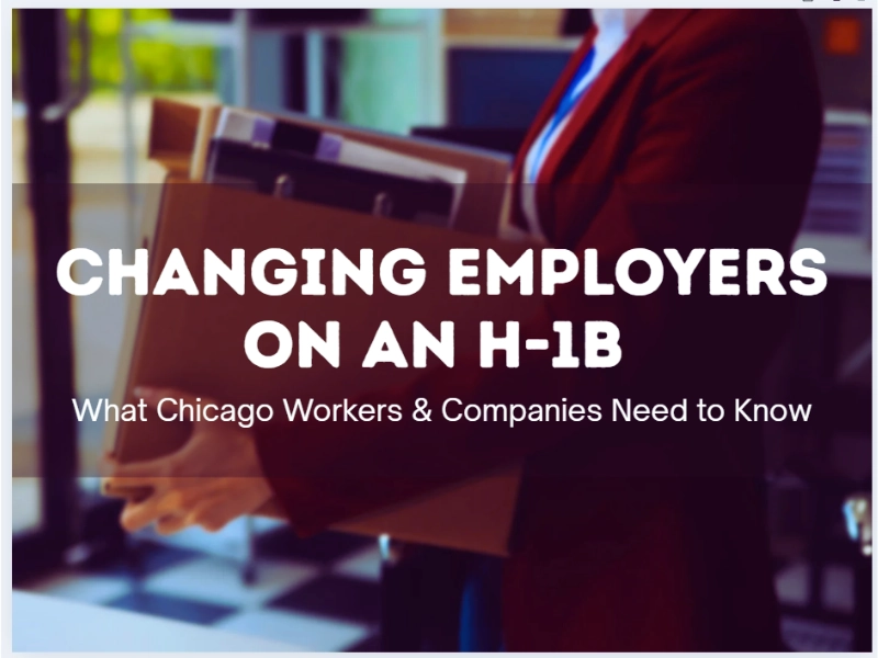 A businesswoman in a maroon blazer carrying a cardboard box filled with office supplies like binders and folders with text overlay. Changing Employers on an H-1B