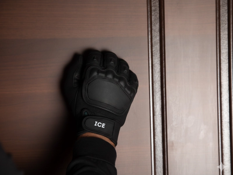 A close-up of a person wearing a black glove with "ICE" written on the wrist, knocking on a wooden door. If ICE Comes to Your Home