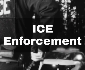ICE Enforcement text over an officer and police car. ICE I-9 Audits