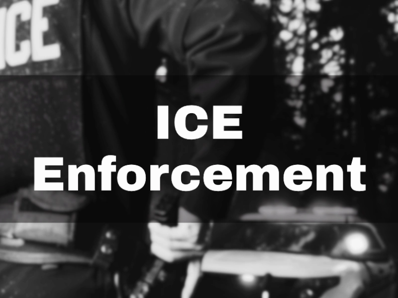 ICE Enforcement text over an officer and police car. ICE I-9 Audits